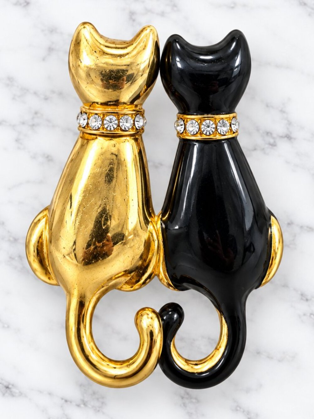 Black & Gold Cat Brooch Rhinestone Collar Double Kitty Pin